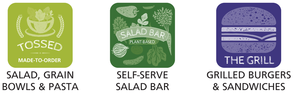 salad, grain bowls, & pasta, self-serve salad bar, grilled burgers & sandwiches