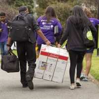 Students walking with boxes on Move-in day